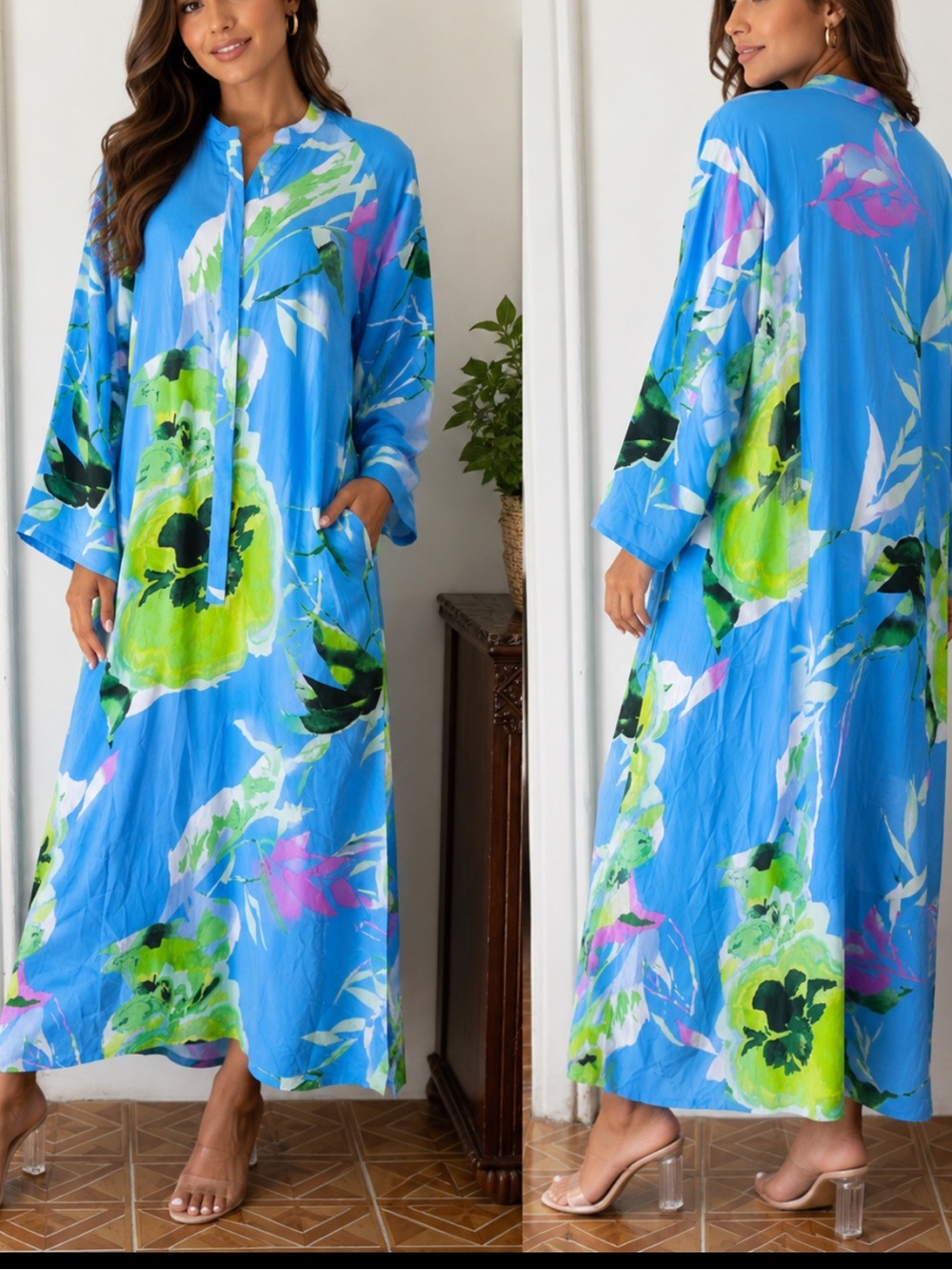 Natori Blue Dress with Lime and White Accents